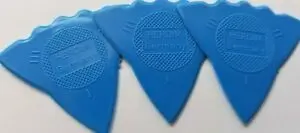 3 blue matching tri-tipped Herdim picks with scallop edge and straight edges for Mandolin and other instruments.