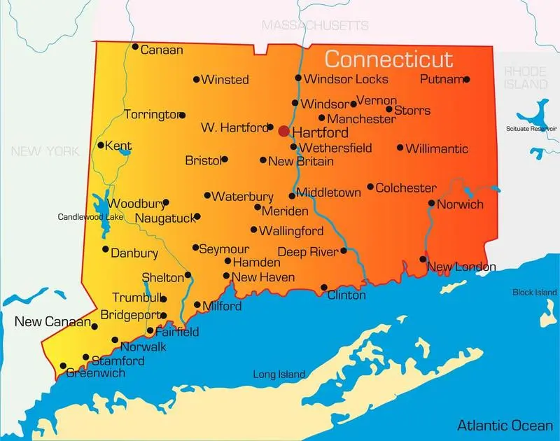 An Outline of the State of Connecticut, the Nutmeg State with some major towns noted in orange-yellow.