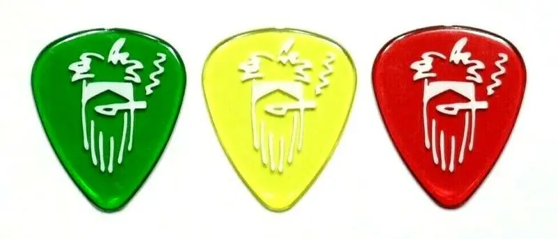 The Dunlop Billy Gibbons Neon Colored Gell Picks in green, yellow, and red.