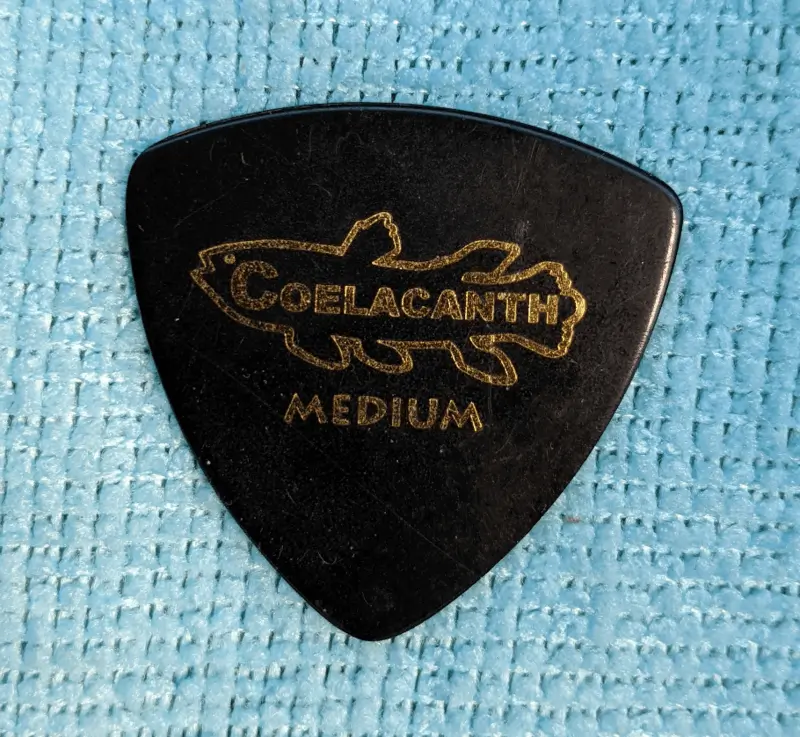 A "Coelacanth" Fish pick actually made of Ebonite by Ebonya of Japan, Medium Guage, against Blue Background.