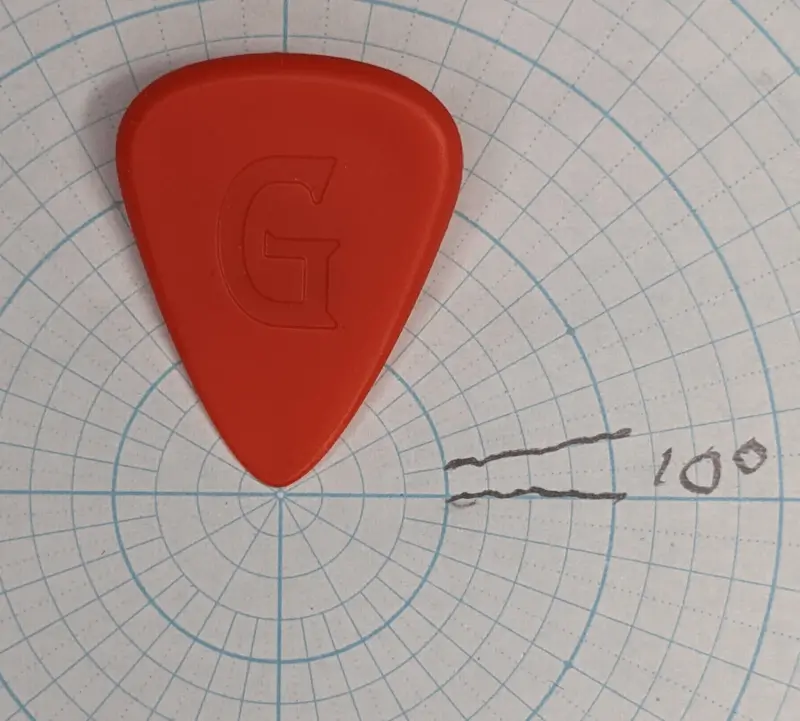 An Angle reference viewpoint of the reverse side of the Goonis pick in red.