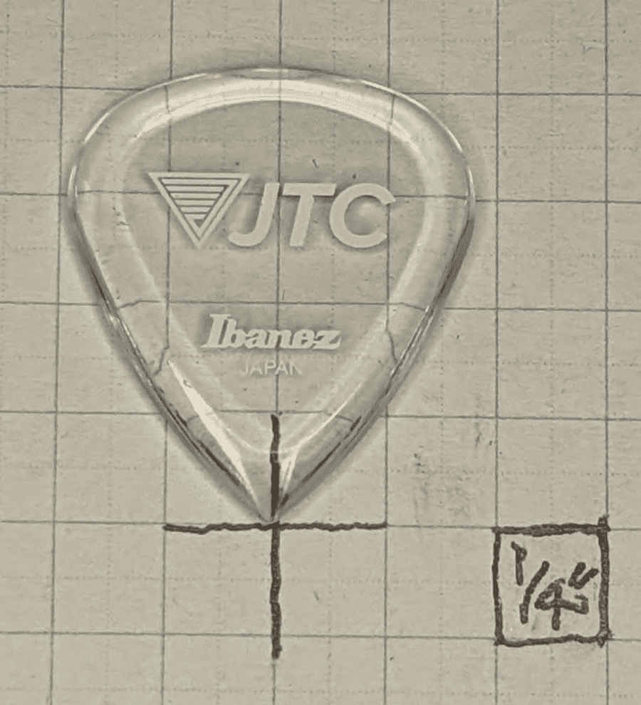 The Jam Track Central inspired plectrum, on graph paper 1/4" ruled, for dimensional reference