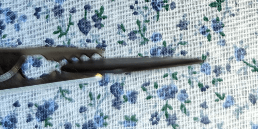 Twig Case Company's Leaf Pick against a blue background, edge-on. Note the rounded bevel and offset shaping. Is this thing for real?